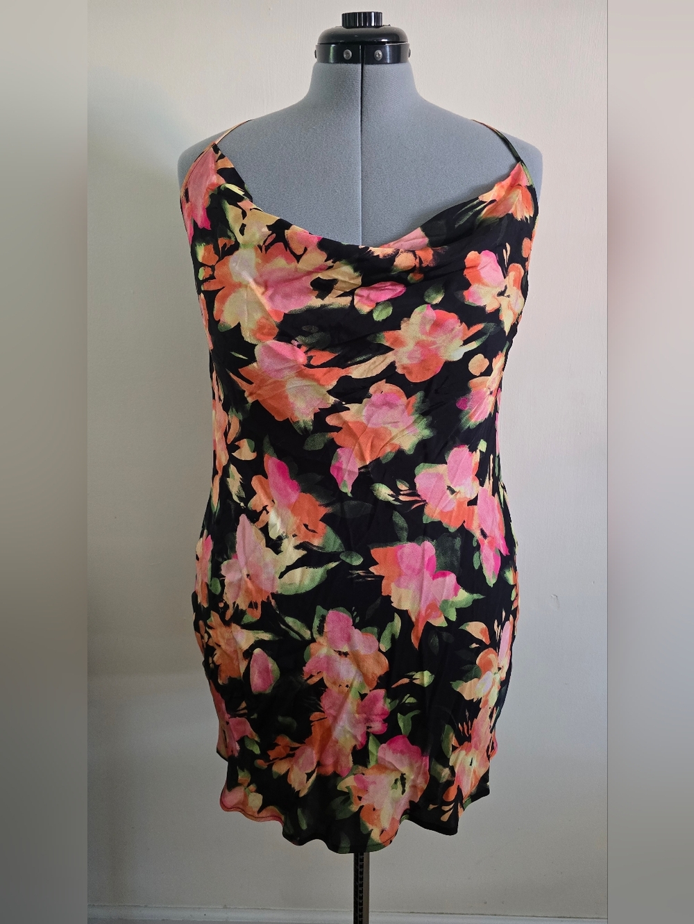 H&M Floral Cowl Neck Slip Dress Black Pink Orange Size L
